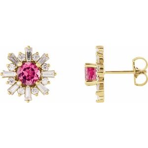 14K Yellow Natural Pink Tourmaline & 3/4 CTW Natural Diamond Earrings