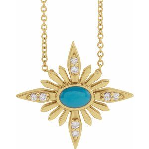 14K Yellow Natural Turquoise & .08 CTW Natural Diamond Celestial 16-18" Necklace