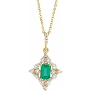 14K Yellow Natural Emerald & 1/3 CTW Natural Diamond 16-18" Necklace