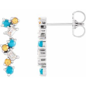 Platinum Natural Turquoise, Natural Honey Topaz & 1/10 CTW Natural Diamond Scattered Bar Earrings