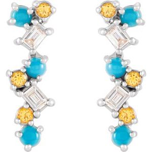 14K White Natural Turquoise, Natural Honey Topaz & 1/10 CTW Natural Diamond Scattered Bar Earrings