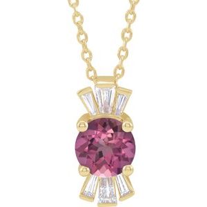 14K Yellow Natural Pink Tourmaline & 1/6 CTW Natural Diamond 16-18" Necklace