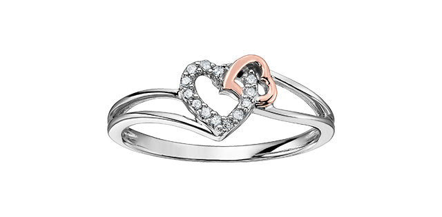 Double Hearted Diamond Ring 10K White & Rose Gold .05tw - Bijouterie Classique