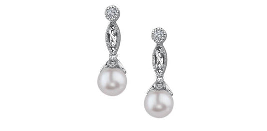 Pearl and Diamond Dangly 14K White Gold Stud Earrings