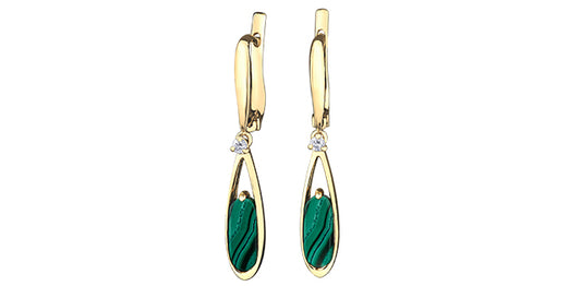 Malachite & diamonds 10KT Yellow Gold Leverback Earrings - Bijouterie Classique