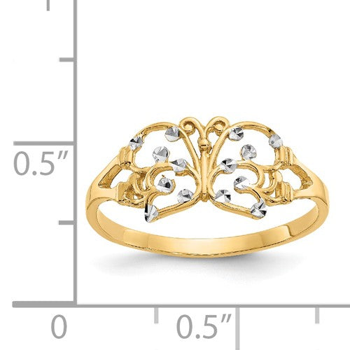 14k with Rhodium Diamond-cut Butterfly Ring