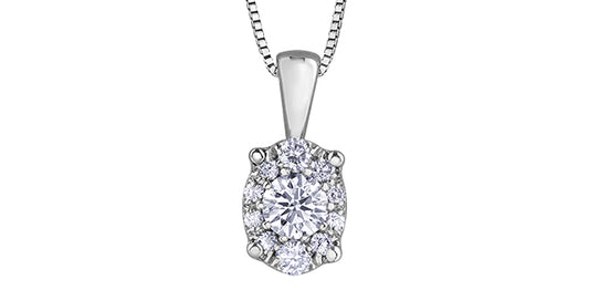 Oval Diamond Necklace with Halo 10KWhite Gold with 18inch Box Chain - Bijouterie Classique