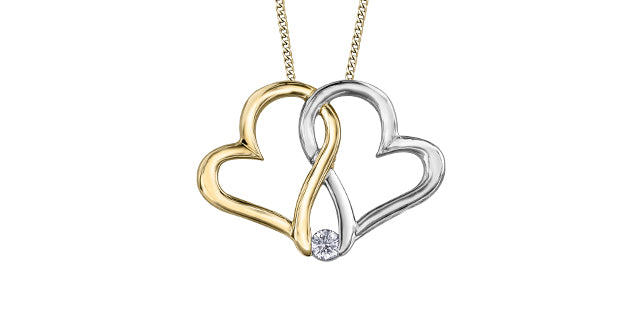 10K Yellow & White Gold Double Heart Necklace 18" Small Curb Chain with 0.04ct Diamond