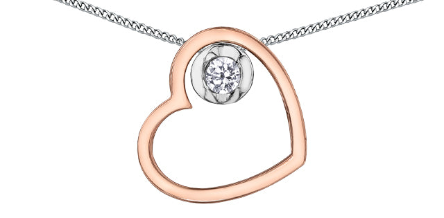 10KT Rose & White Gold Changing Heart with Certified Canadian .09ct Diamond Necklace including 18in small curb chain with spring ring clasp - Bijouterie Classique