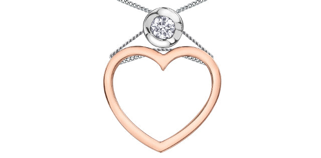 10KT Rose & White Gold Changing Heart with Certified Canadian .09ct Diamond Necklace including 18in small curb chain with spring ring clasp - Bijouterie Classique