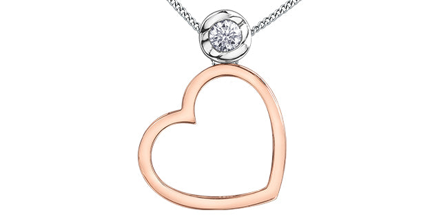 10KT Rose & White Gold Changing Heart with Certified Canadian .09ct Diamond Necklace including 18in small curb chain with spring ring clasp - Bijouterie Classique