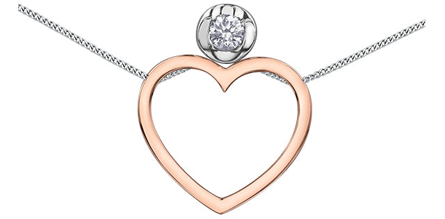 10KT Rose & White Gold Changing Heart with Certified Canadian .09ct Diamond Necklace including 18in small curb chain with spring ring clasp - Bijouterie Classique