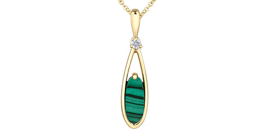 Malachite & diamonds Pendent with 18in small rolo chain with lobster clasp - Bijouterie Classique