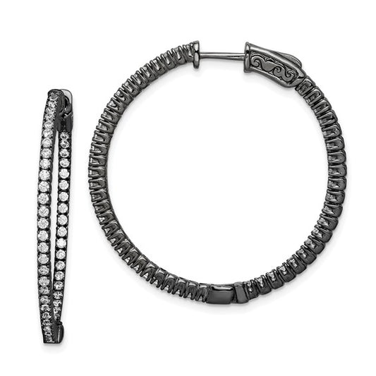 Sterling Shimmer Black Rhodium-plated 100 Stone 1.3mm CZ In and Out Round Hinged Hoop Earrings