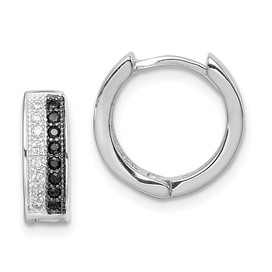 Sterling Silver RH-plated White and Black CZ Hinged Hoop Earrings