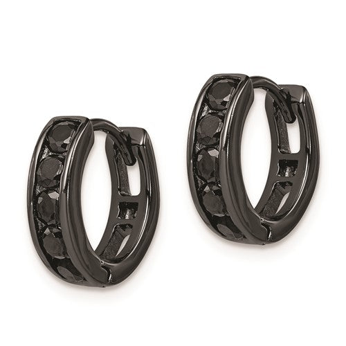 Sterling Silver Black RH-plated Black CZ Hinged 4mm Round Hoop Earrings