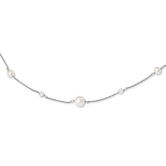 Sterling Silver RH 6-10mm Wt FWC Pearl Glass 5 Stat 2.5in ext Necklace