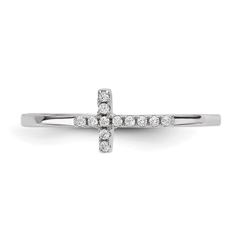 Sterling Silver Rhodium-plated CZ Side Cross Polished Ring - Bijouterie Classique