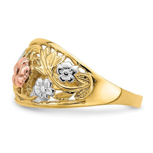 14k Two-Tone with White Rhodium Floral Dome Ring