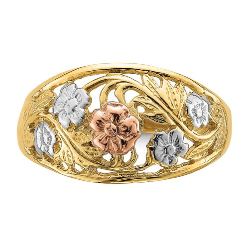 14k Two-Tone with White Rhodium Floral Dome Ring