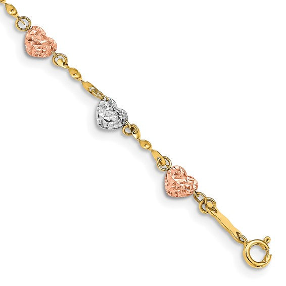 14k Tri-color Puff Heart Bracelet