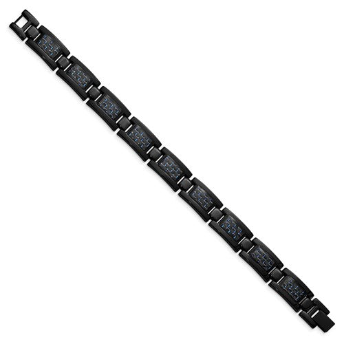 Stainless Steel Polished Black IP-plated with Blue Carbon Fiber Inlay 8.25 inch Link Bracelet