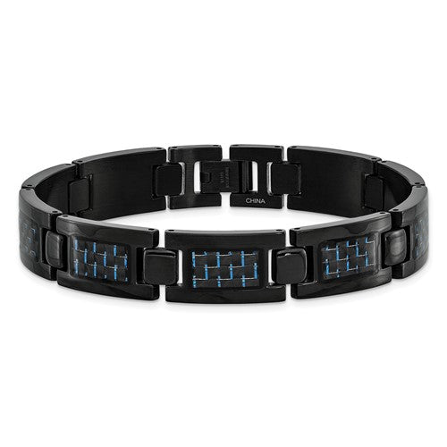 Stainless Steel Polished Black IP-plated with Blue Carbon Fiber Inlay 8.25 inch Link Bracelet