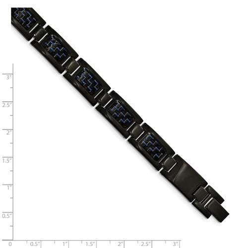 Stainless Steel Polished Black IP-plated with Blue Carbon Fiber Inlay 8.25 inch Link Bracelet