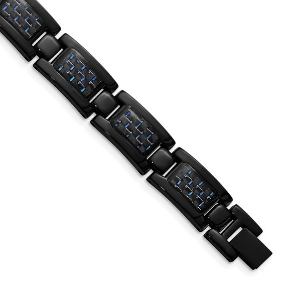 Stainless Steel Polished Black IP-plated with Blue Carbon Fiber Inlay 8.25 inch Link Bracelet