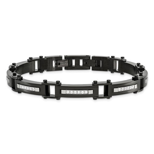 Stainless Steel Polished Black IP-plated with CZ 8.25 inch Bracelet with .5 inch Extension