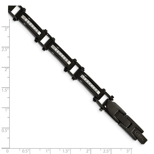 Stainless Steel Polished Black IP-plated with CZ 8.25 inch Bracelet with .5 inch Extension