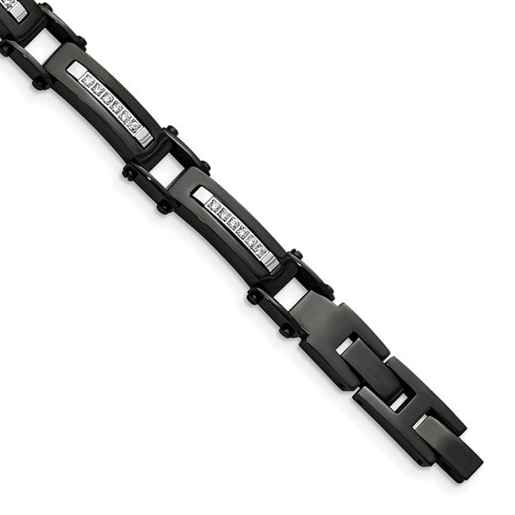 Stainless Steel Polished Black IP-plated with CZ 8.25 inch Bracelet with .5 inch Extension