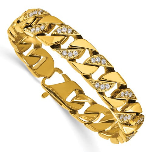 Stainless Steel Polished Yellow IP-plated with CZ 8.5 inch Curb Link Bracelet