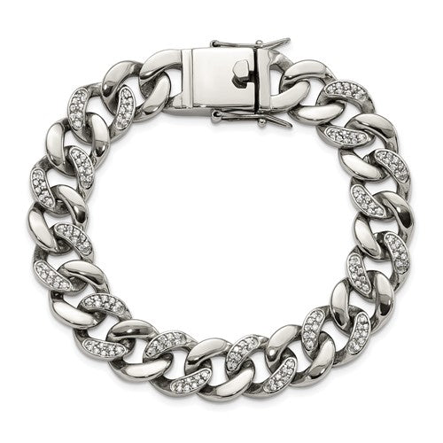 Stainless Steel Polished with CZ 8 inch Curb Link Bracelet