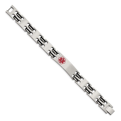 Stainless Steel Polished with Red Enamel and Black Rubber Medical ID 8.25 inch Bracelet