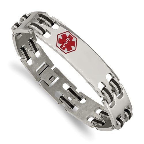 Stainless Steel Polished with Red Enamel and Black Rubber Medical ID 8.25 inch Bracelet