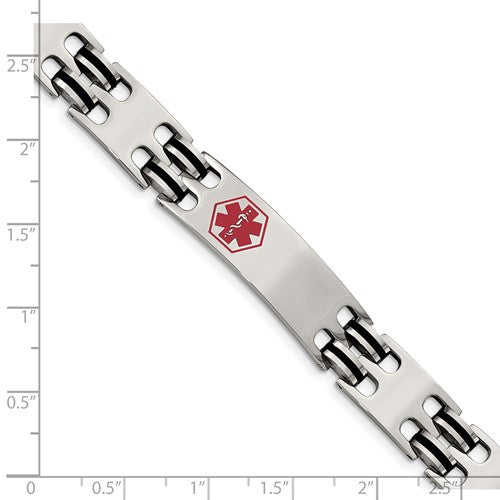 Stainless Steel Polished with Red Enamel and Black Rubber Medical ID 8.25 inch Bracelet