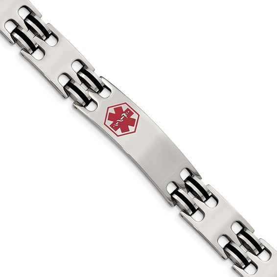 Stainless Steel Polished with Red Enamel and Black Rubber Medical ID 8.25 inch Bracelet