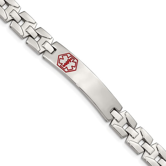 Stainless Steel Brushed and Polished with Red Enamel Medical ID 8 inch Link Bracelet