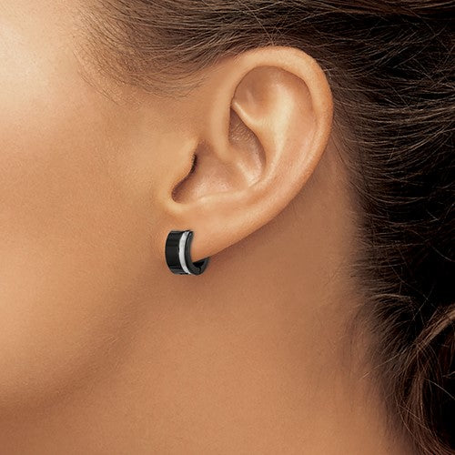 Stainless Steel Polished Black IP-plated Hinged Hoop Earrings