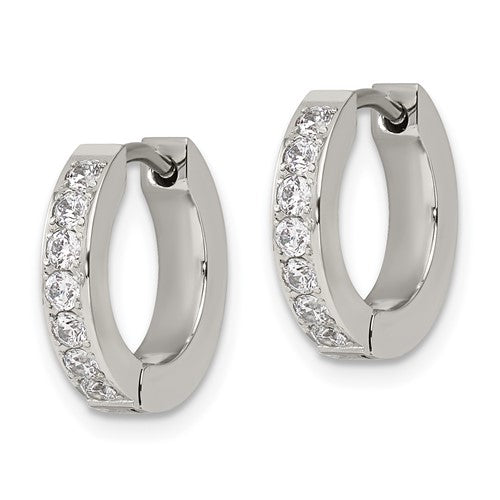 Stainless Steel Polished with 1 Row of CZ 2.3mm Hinged Hoop Earrings