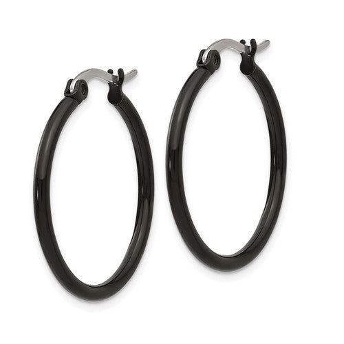 Stainless Steel Polished Black IP-plated 26mm Diameter 2mm Hoop Earrings