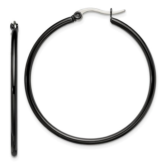 Stainless Steel Polished Black IP-plated 40mm Diameter 2mm Hoop Earrings