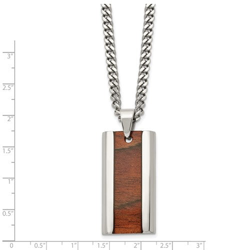 Stainless Steel Polished Koa Wood Inlay Enameled Pendant on a 20 inch Curb Chain Necklace