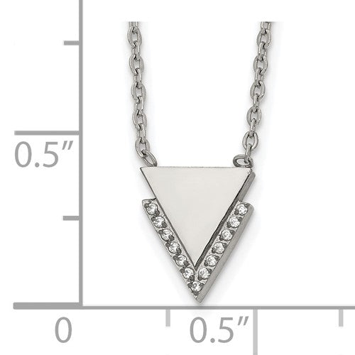 Stainless Steel Polished with CZ Double Triangles Pendant on a 16.5 inch Cable Chain Necklace - Bijouterie Classique