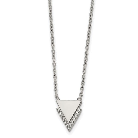 Stainless Steel Polished with CZ Double Triangles Pendant on a 16.5 inch Cable Chain Necklace - Bijouterie Classique