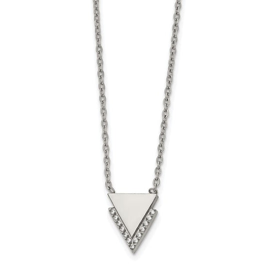 Stainless Steel Polished with CZ Double Triangles Pendant on a 16.5 inch Cable Chain Necklace - Bijouterie Classique