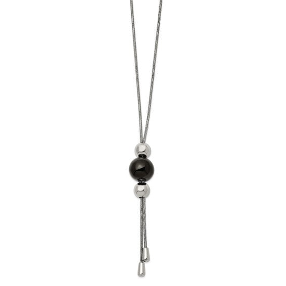 Stainless Steel Polished Black IP-plated Bead Tassel Adjustable to 26 inch Snake Chain Necklace - Bijouterie Classique