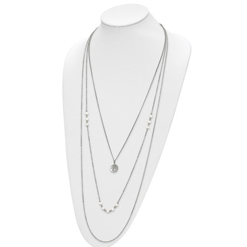 Stainless Steel Polished with Freshwater Cultured Pearls and Tree Pendant on 31 inch with 2 inch Extension Multi Chain Necklace - Bijouterie Classique