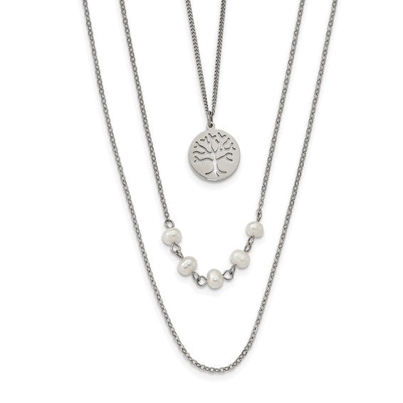 Stainless Steel Polished with Freshwater Cultured Pearls and Tree Pendant on 31 inch with 2 inch Extension Multi Chain Necklace - Bijouterie Classique